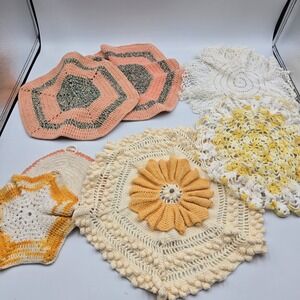 Vtg Lot Of 7 Crochet Lace Table Mat Doilies Cloth Trivet Mixed Colours Handmade